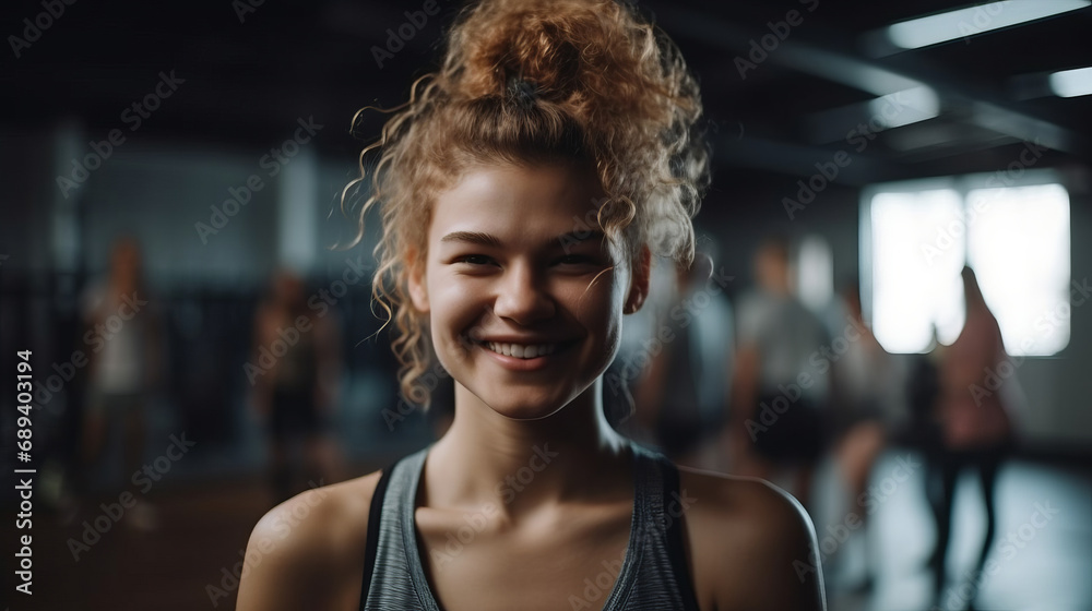 Fototapeta premium Young woman smiling at the camera while standing in a yoga studio. Having a workout session with her class in a fitness studio. Sport concept. Fitness concept. Health concept. People concept.