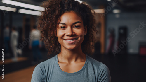 Young woman smiling at the camera while standing in a yoga studio. Having a workout session with her class in a fitness studio. Sport concept. Fitness concept. Health concept. People concept.