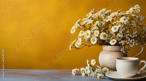 Chamomile tea with copy space on dark colored background