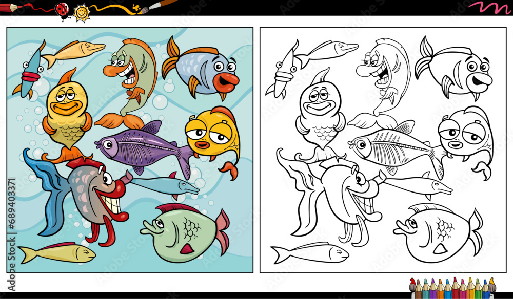 cartoon fish marine animal characters group coloring page