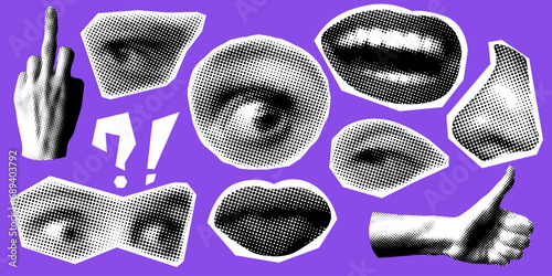 Set of retro halftone parts of body. Surprised look. Paper cut out elements with eyes, lips, mouth, hands. Fuck you symbol. Ok gesture. Y2K style. Trendy newspaper parts. Torn paper. Modern collage