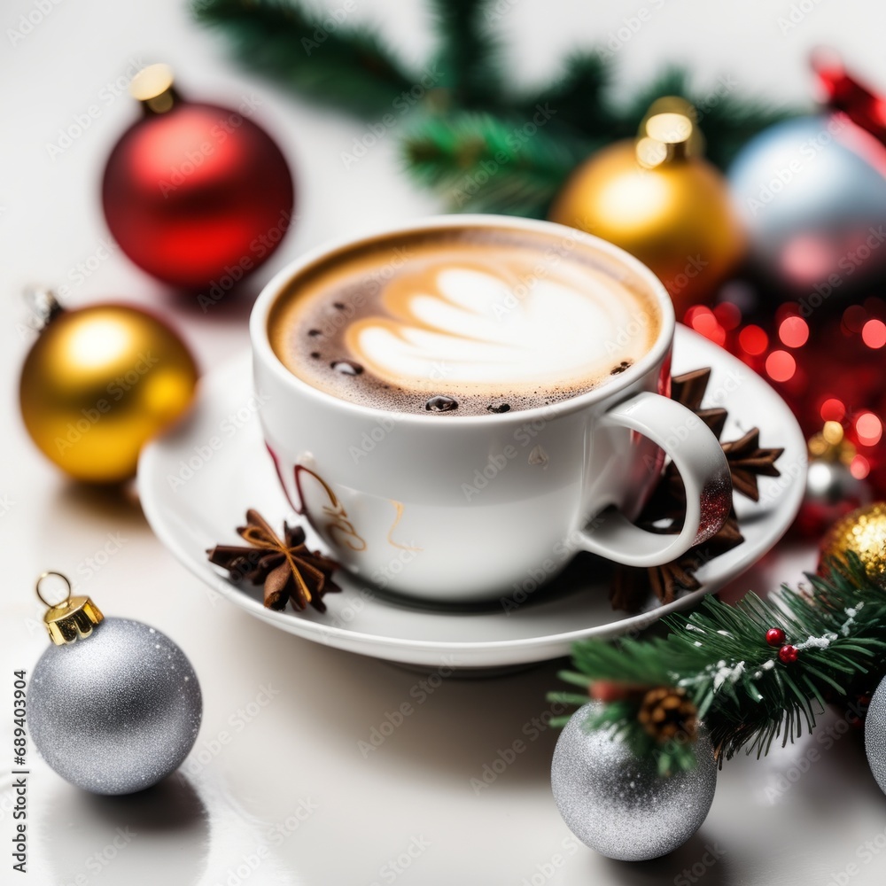 Coffee cup with Christmas ornaments and decoration on white background Coffee cup with Christmas ornaments and decoration on white background