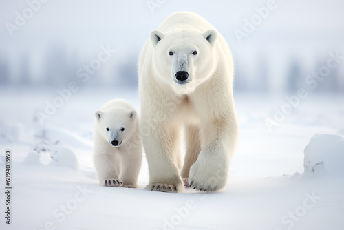 Mother Polar Bear and Cub Walking Towards the Camera