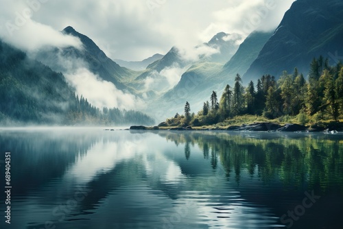 Beautiful norwegian nature landscape with lake under mountains in fog