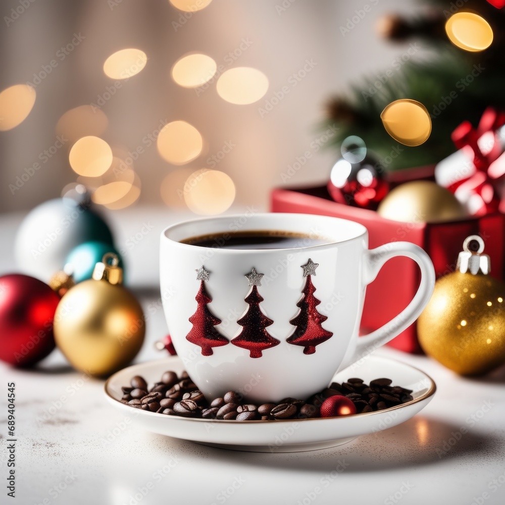 Fototapeta premium Coffee cup with Christmas ornaments and decoration on white background