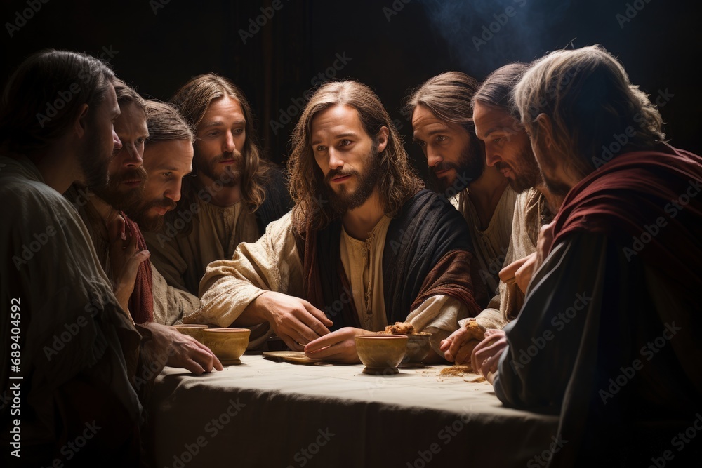 Fototapeta premium The Last Supper, capturing profound moment of last supper with jesus christ and the 12 apostles in a stunning representation of biblical faith, history, and devotion. Bible religion god .