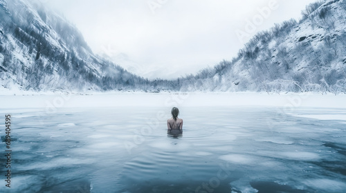 a woman hardens herself in a winter frozen lake in a mountain nature