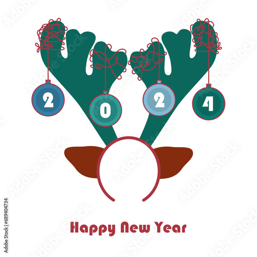 Happy New Year 2024 card with reindeer antlers headband on white background vector illustration