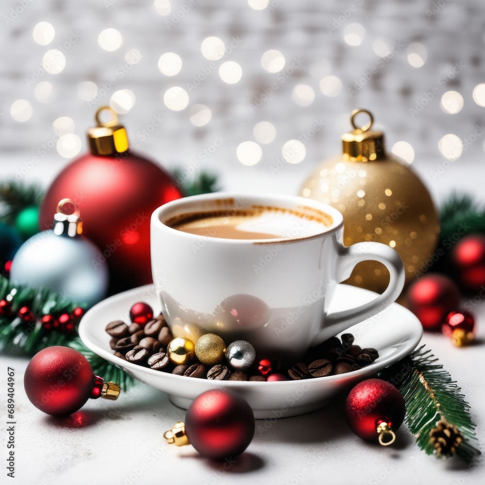 Coffee cup with Christmas ornaments and decoration on white background Coffee cup with Christmas ornaments and decoration on white background