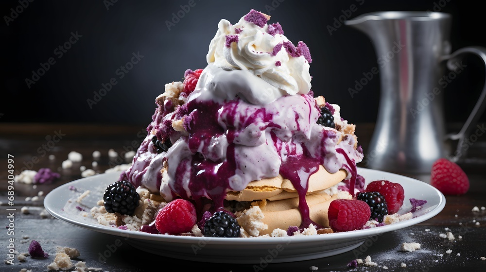 Delicious bread adorned with melted ice cream and raspberries, a tempting dessert treat
Delicious bread adorned with melted ice cream and raspberries, a tempting dessert treat