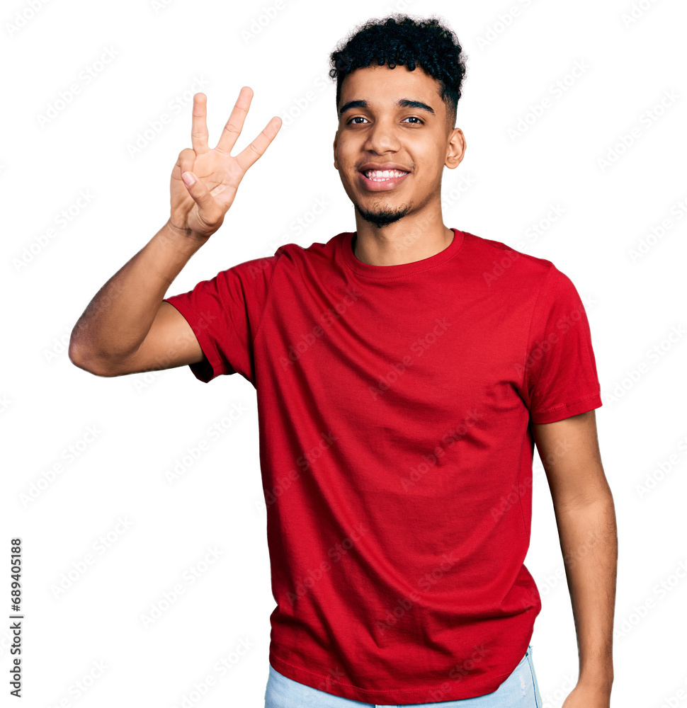 Young african american man wearing casual red t shirt showing and pointing up with fingers number three while smiling confident and happy. Young african american man wearing casual red t shirt showing and pointing up with fingers number three while smiling confident and happy.