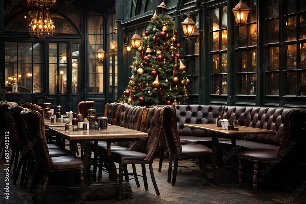 festive christmas caffe with decorated christmas trees.