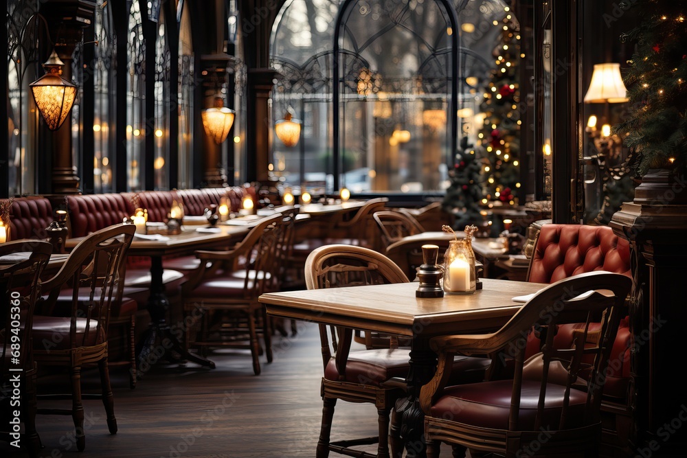 festive christmas caffe with decorated christmas trees. festive christmas caffe with decorated christmas trees.