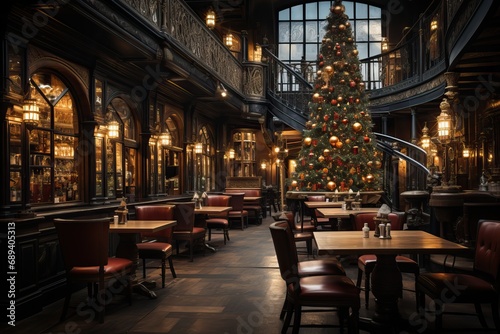 festive christmas caffe with decorated christmas trees.