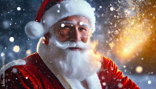Close-up portrait of Santa Claus with snowfall. © adobedesigner