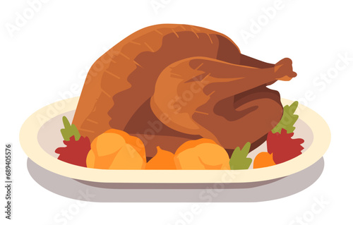 holiday roasted chicken or turkey with various vegetables and garnishes
