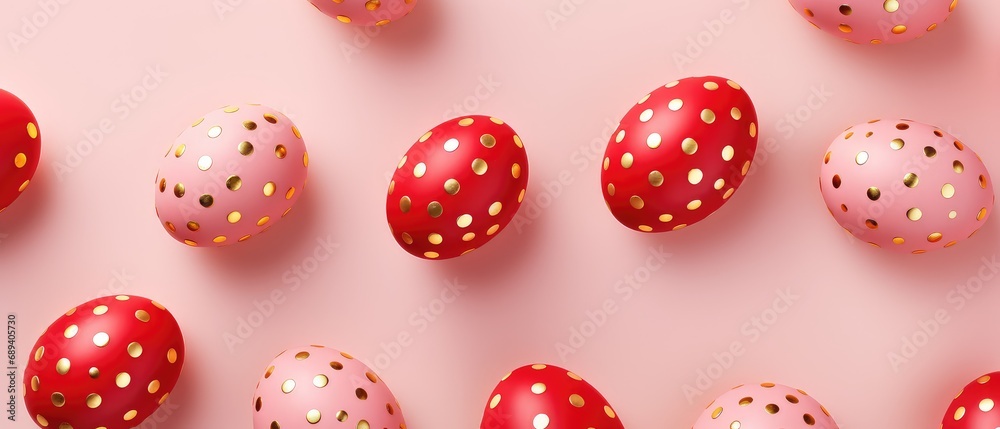 red and pink dotted easter eggs pattern on pink background with golden dots