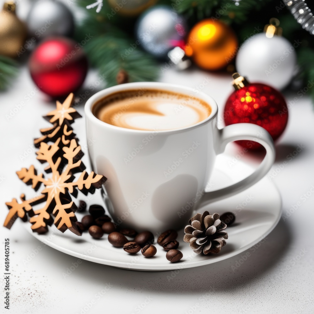 Coffee cup with Christmas ornaments and decoration on white background