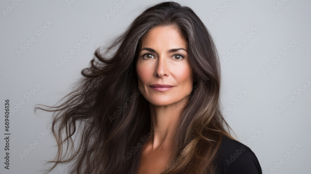 Beautiful blond 45 yo woman in move with a perfectly smooth hair, and classic make-up. Beauty face. Picture taken in the studio. Beautiful blond 45 yo woman in move with a perfectly smooth hair, and classic make-up. Beauty face. Picture taken in the studio.