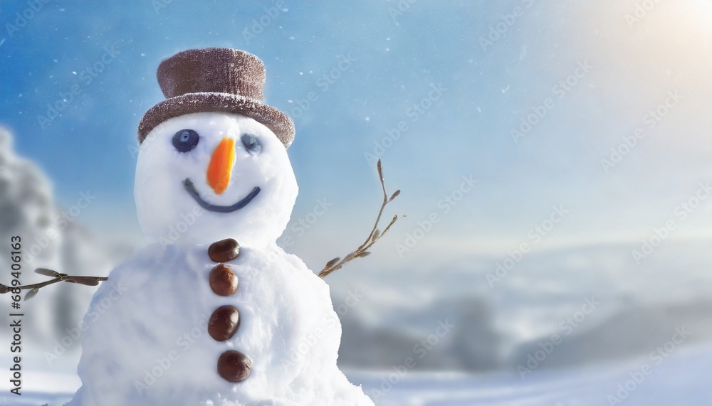 Obraz premium Panoramic view of happy snowman in winter secenery with copy space 