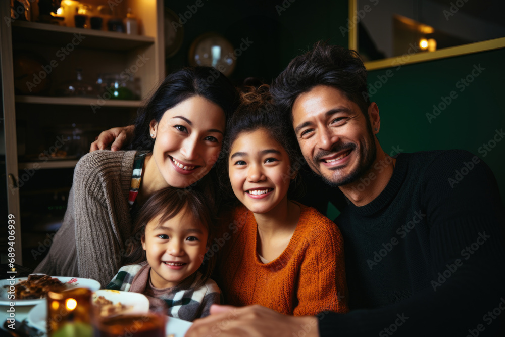 Asian family smiling and taking a selfie Asian family smiling and taking a selfie