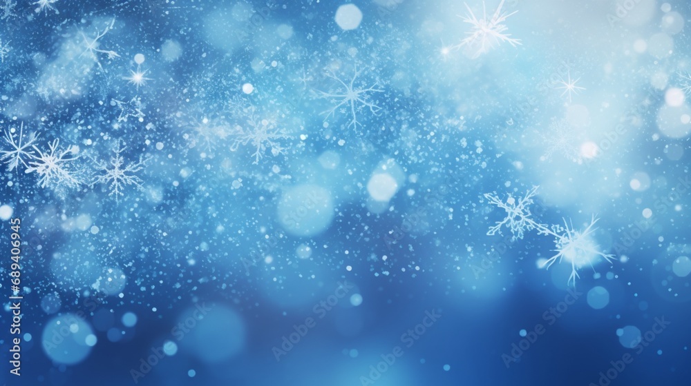 Abstract blue background with snowflakes and bokeh