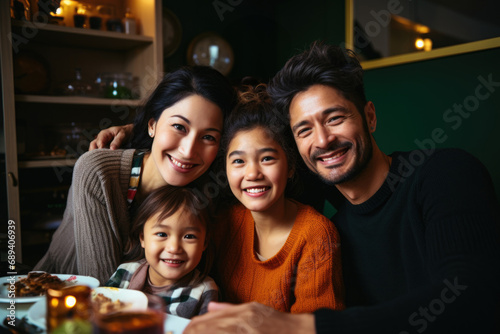 Asian family smiling and taking a selfie