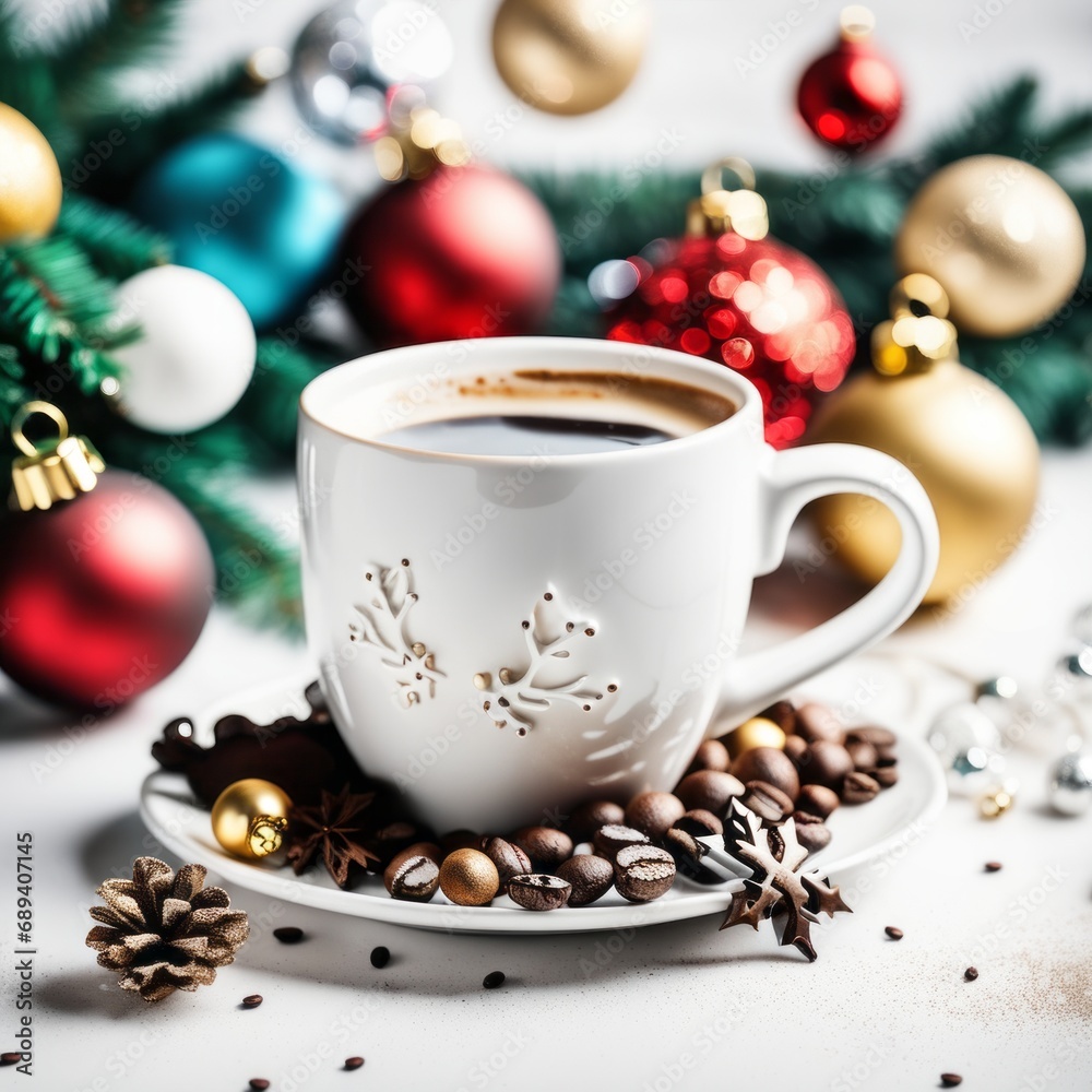 Coffee cup with Christmas ornaments and decoration on white background Coffee cup with Christmas ornaments and decoration on white background
