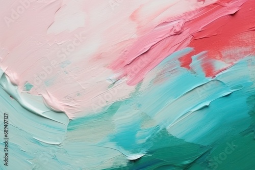 abstract painting with bold brushstrokes of pink and various shades of blue, creating a soothing wave-like pattern.