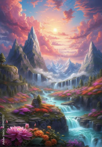 surreal landscape  river  forest  mountains  bright colors