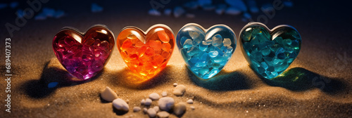 4 glass hearts with orange, burgundy, blue and turquoise, sea salts on sandy background. orange, burgundy, blue and turquoise heart-shaped decorations. Spa salon concept, woman day, Valentine design
