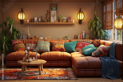 A warmly lit living room featuring a cozy brown corner sofa embellished with a mix of colorful cushions, creating a charming and relaxing ambiance.