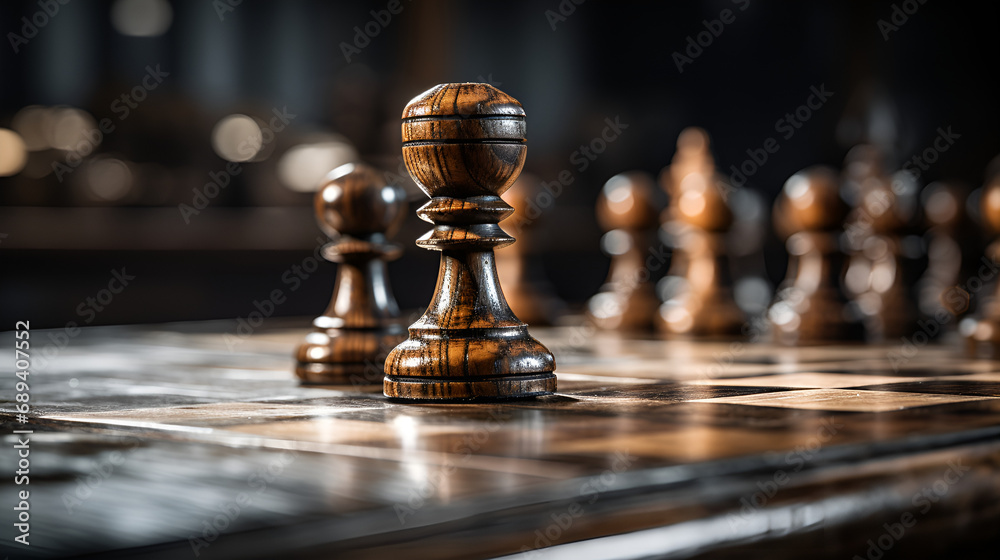 Close Up of Wooden Chess Pieces on a Worn Chessboard in Dim Lighting Close Up of Wooden Chess Pieces on a Worn Chessboard in Dim Lighting