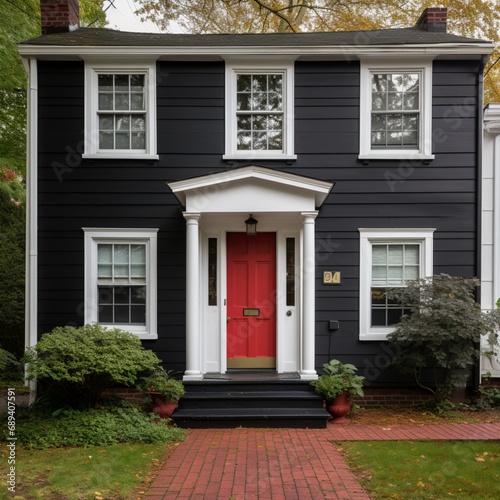 Black trim windows and red front door on white house