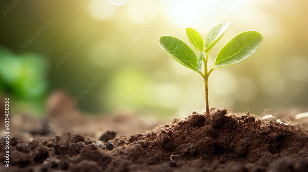 A tiny seedling breaks through the earth's surface, emerging into the light - Generative AI