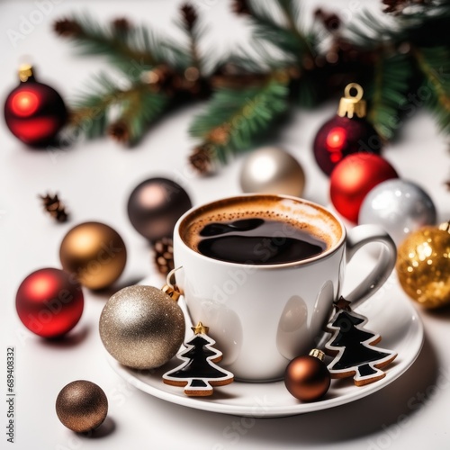 Coffee cup with Christmas ornaments and decoration on white background
