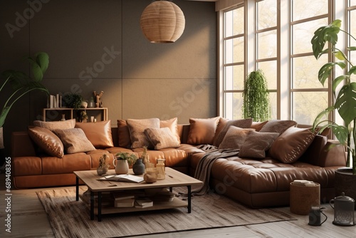 A well-lit living room setting showcasing a luxurious brown corner sofa adorned with a variety of stylish decorative cushions, radiating comfort and elegance.