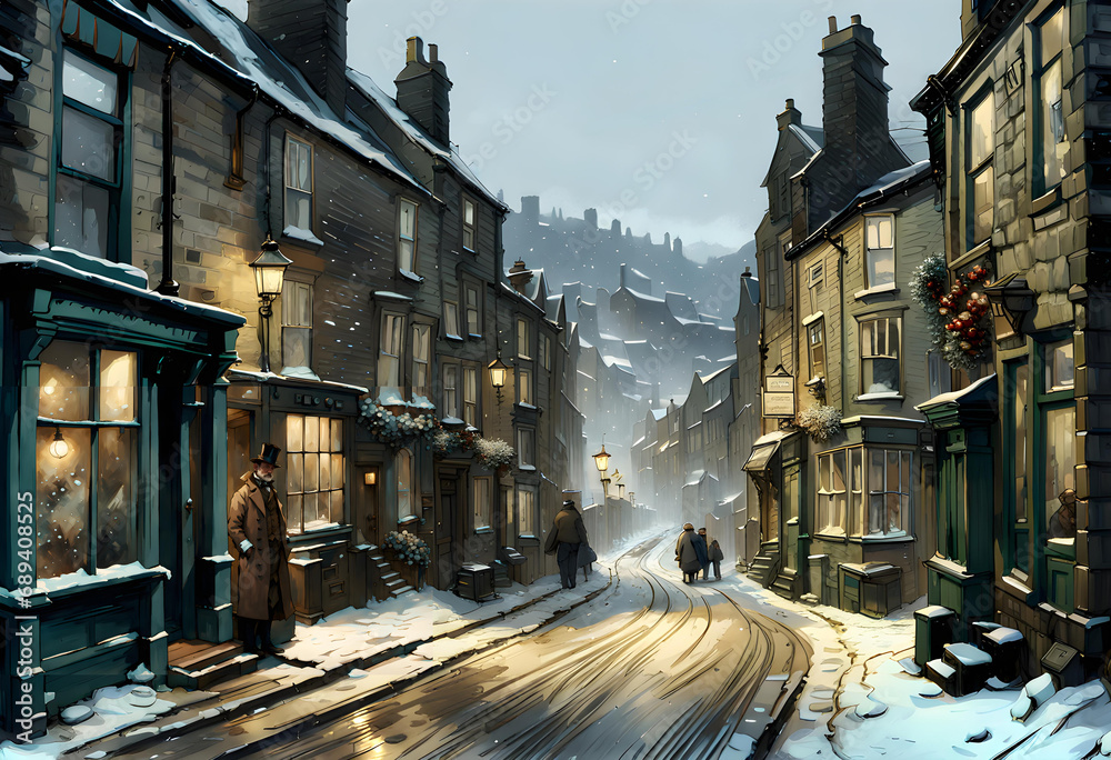 street view of an old fashioned english northern town in winter at twilight with old stone houses and shop buildings covered in snow and a people in the street - obrazy, fototapety, plakaty 