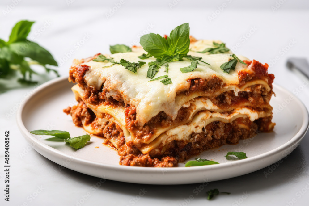 Portion of traditional italian lasagna with bolognese sauce isolated on white background