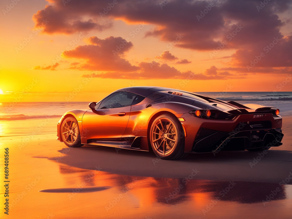 Sport car on the beach at sunset