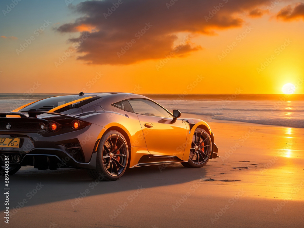 Sport car on the beach at sunset