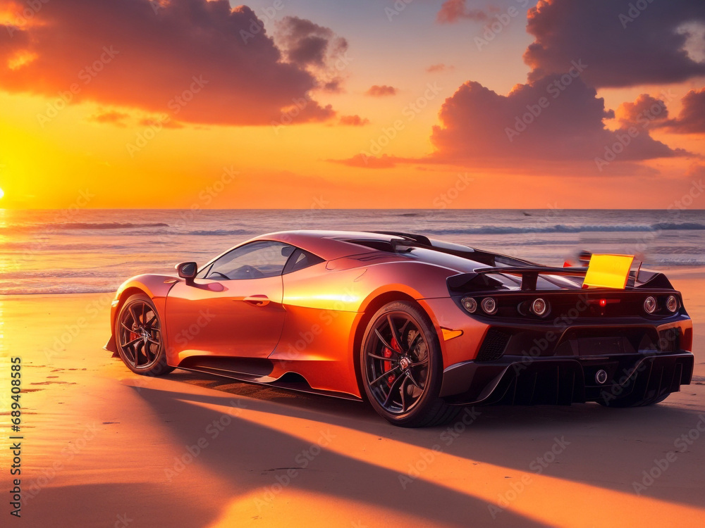 Sport car on the beach at sunset