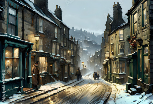 street view of an old fashioned english northern town in winter at twilight with old stone houses and shop buildings covered in snow and a people in the street