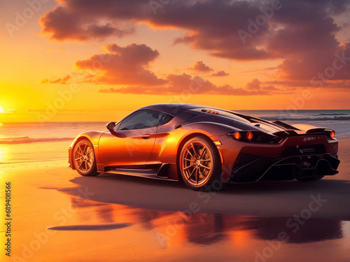 Sport car on the beach at sunset