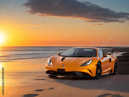 Sport car on the beach at sunset