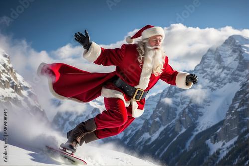 A daring Santa Claus is captured mid-air, snowboarding down a majestic mountain slope. The thrill of extreme sports merges seamlessly with the enchantment of Christmas.