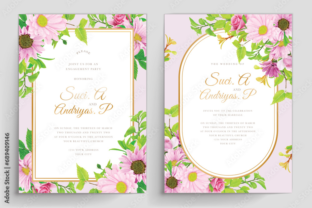 pink floral with greenery leaves wedding invitation card