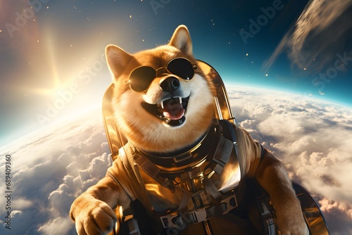 Smiling dogecoin doge flying high with jetpack in futuristic scene --ar 3:2 --s 250 photo