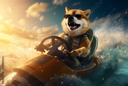 Doge character riding jet ski with rocketing dogecoin #cryptocurrencynews #moonshot #financialfreedom photo