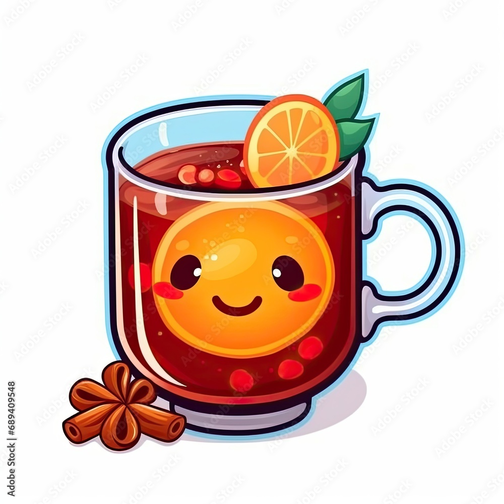 Cartoon drawing of hot mulled wine with orange and spices sticker isolated on white background